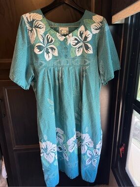 VTG 90 Easy Essentials Teal Floral Hawaiian coastal grandma comfy MUMU Dress XL
